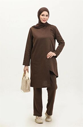 Kruvaze Bisiklet Yaka Sade Basic Tunik Panolon İkili Takım - 03076 - Kahverengi