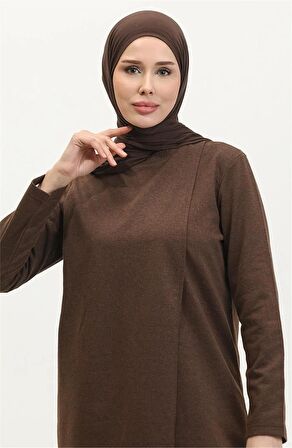 Kruvaze Bisiklet Yaka Sade Basic Tunik Panolon İkili Takım - 03076 - Kahverengi