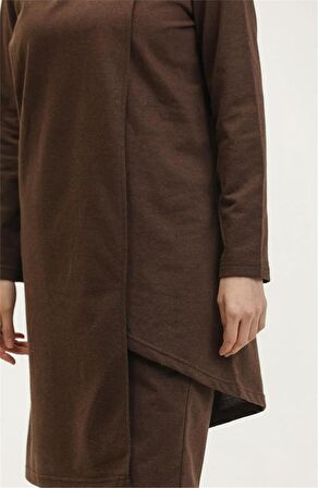 Kruvaze Bisiklet Yaka Sade Basic Tunik Panolon İkili Takım - 03076 - Kahverengi