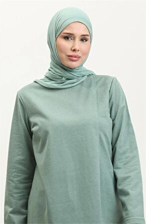 Kruvaze Bisiklet Yaka Sade Basic Tunik Panolon İkili Takım - 03076 - Çağla Yeşili