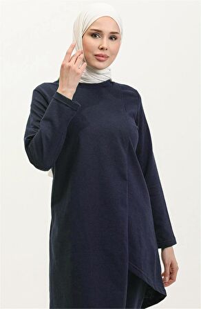 Kruvaze Bisiklet Yaka Sade Basic Tunik Panolon İkili Takım - 03076 - Açık Lacivert