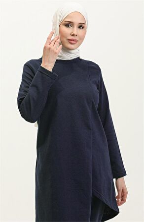 Kruvaze Bisiklet Yaka Sade Basic Tunik Panolon İkili Takım - 03076 - Açık Lacivert