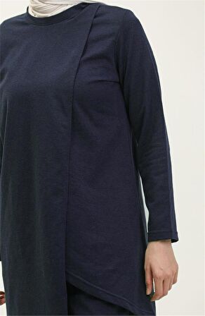 Kruvaze Bisiklet Yaka Sade Basic Tunik Panolon İkili Takım - 03076 - Açık Lacivert