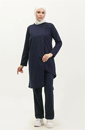 Kruvaze Bisiklet Yaka Sade Basic Tunik Panolon İkili Takım - 03076 - Açık Lacivert