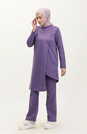 Kruvaze Bisiklet Yaka Sade Basic Tunik Panolon İkili Takım - 03076 - Koyu Lila