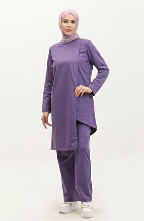 Kruvaze Bisiklet Yaka Sade Basic Tunik Panolon İkili Takım - 03076 - Koyu Lila