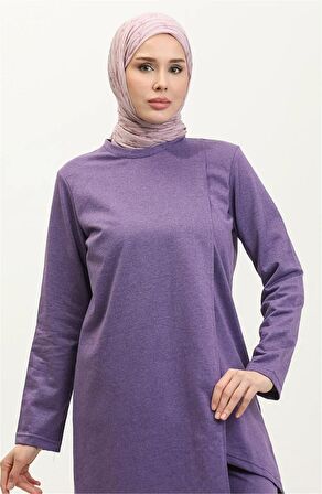 Kruvaze Bisiklet Yaka Sade Basic Tunik Panolon İkili Takım - 03076 - Koyu Lila