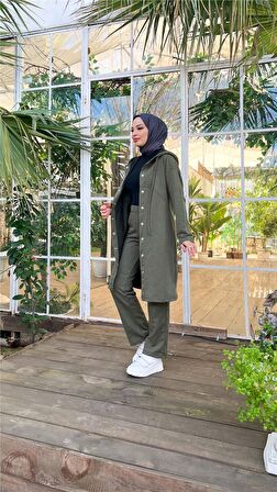 Çıtçıtlı Kapşonlu Uzun Tunik Pantolon İkili Tesettür Eşofman Takımı - 03078 - Haki