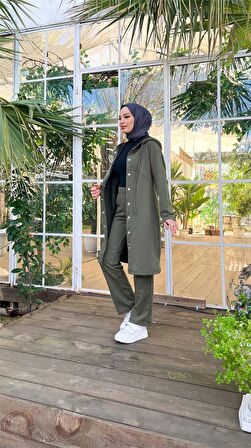 Çıtçıtlı Kapşonlu Uzun Tunik Pantolon İkili Tesettür Eşofman Takımı - 03078 - Haki