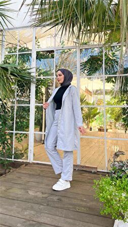 Çıtçıtlı Kapşonlu Uzun Tunik Pantolon İkili Tesettür Eşofman Takımı - 03078 - Gri