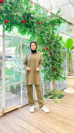 Kapşonlu Çıtçıt Detaylı Kısa Sweat Pantolon İkili Tesettür Eşofman Takımı - 03079 - Haki