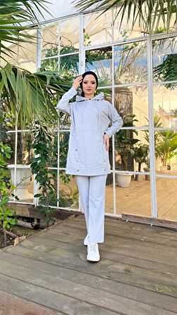 Kapşonlu Çıtçıt Detaylı Kısa Sweat Pantolon İkili Tesettür Eşofman Takımı - 03079 - Gri