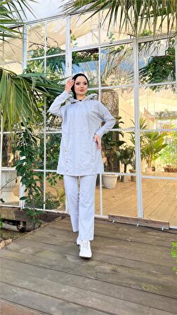 Kapşonlu Çıtçıt Detaylı Kısa Sweat Pantolon İkili Tesettür Eşofman Takımı - 03079 - Gri