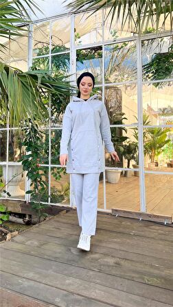 Kapşonlu Çıtçıt Detaylı Kısa Sweat Pantolon İkili Tesettür Eşofman Takımı - 03079 - Gri