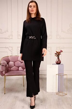 Zincir Kemerli Sade Basic Tunik Pantolon İkili Takım - 70007 - Siyah
