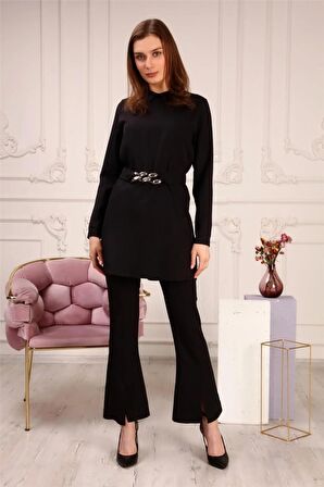 Zincir Kemerli Sade Basic Tunik Pantolon İkili Takım - 70007 - Siyah