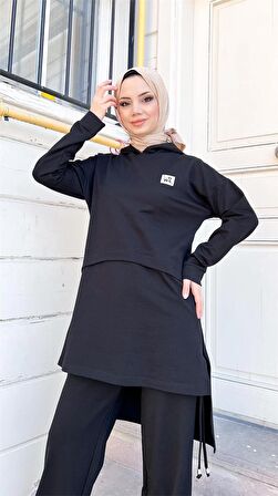 Kapşonlu Yırtmacı Bağcık Detaylı Pamuklu Tesettür Eşofman Takımı - 71168 - Siyah