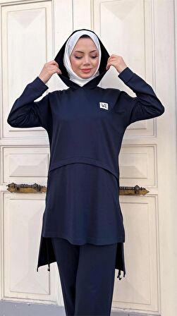 Kapşonlu Yırtmacı Bağcık Detaylı Pamuklu Tesettür Eşofman Takımı - 71168 - Lacivert