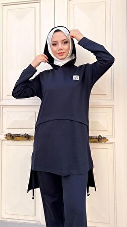Kapşonlu Yırtmacı Bağcık Detaylı Pamuklu Tesettür Eşofman Takımı - 71168 - Lacivert