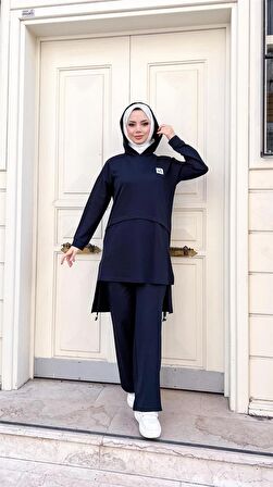 Kapşonlu Yırtmacı Bağcık Detaylı Pamuklu Tesettür Eşofman Takımı - 71168 - Lacivert
