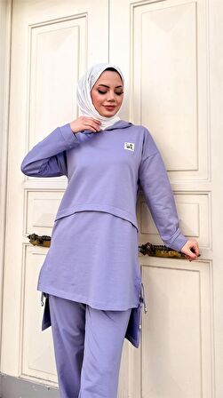 Kapşonlu Yırtmacı Bağcık Detaylı Pamuklu Tesettür Eşofman Takımı - 71168 - Lila