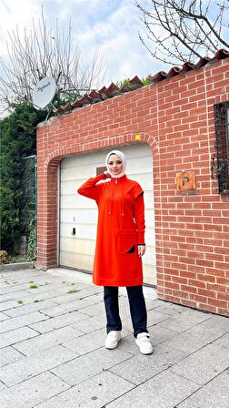 Tek Cepli Yarım Fermuarlı Sweat Pantolon İkili Tesettür Eşofman Takımı - 71178 - Oranj