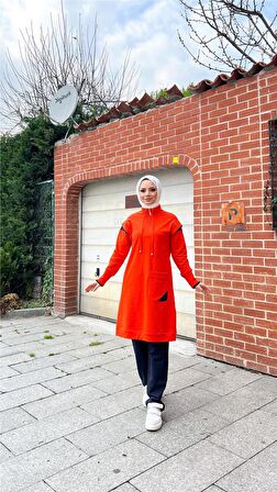 Tek Cepli Yarım Fermuarlı Sweat Pantolon İkili Tesettür Eşofman Takımı - 71178 - Oranj