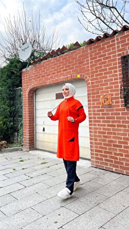 Tek Cepli Yarım Fermuarlı Sweat Pantolon İkili Tesettür Eşofman Takımı - 71178 - Oranj