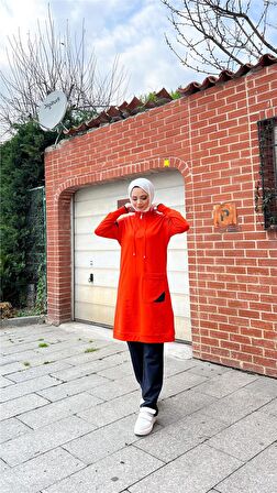 Tek Cepli Yarım Fermuarlı Sweat Pantolon İkili Tesettür Eşofman Takımı - 71178 - Oranj