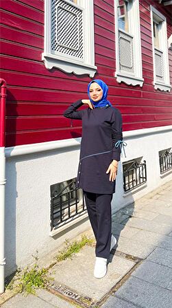 Koldan Bağcıklı Şeritli Çıtçıtlı İkili Tesettür Eşofman Takımı - 71180 - Lacivert