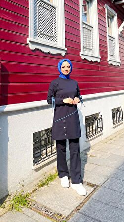 Koldan Bağcıklı Şeritli Çıtçıtlı İkili Tesettür Eşofman Takımı - 71180 - Lacivert