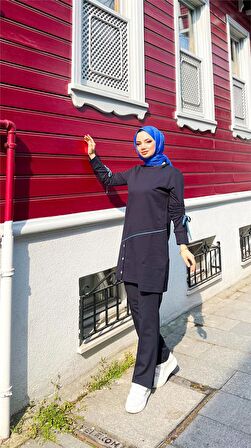 Koldan Bağcıklı Şeritli Çıtçıtlı İkili Tesettür Eşofman Takımı - 71180 - Lacivert
