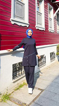 Koldan Bağcıklı Şeritli Çıtçıtlı İkili Tesettür Eşofman Takımı - 71180 - Lacivert