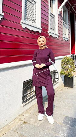 Koldan Bağcıklı Şeritli Çıtçıtlı İkili Tesettür Eşofman Takımı - 71180 - Mürdüm