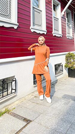 Koldan Bağcıklı Şeritli Çıtçıtlı İkili Tesettür Eşofman Takımı - 71180 - Hardal