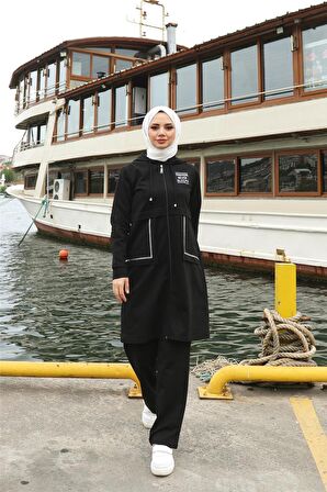 Fermuarlı Cepli Kapşonlu İkili Tesettür Eşofman Takımı - 71184 - Siyah