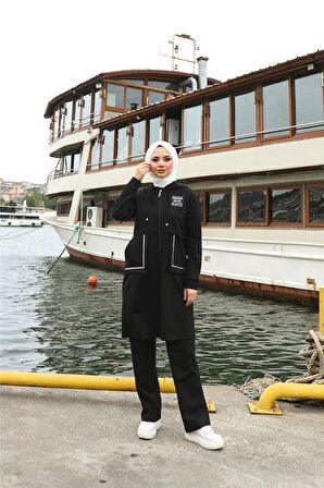 Fermuarlı Cepli Kapşonlu İkili Tesettür Eşofman Takımı - 71184 - Siyah