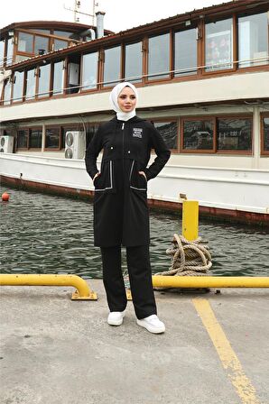 Fermuarlı Cepli Kapşonlu İkili Tesettür Eşofman Takımı - 71184 - Siyah