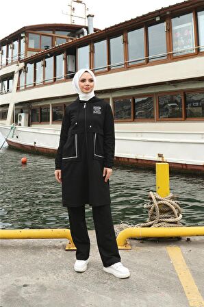 Fermuarlı Cepli Kapşonlu İkili Tesettür Eşofman Takımı - 71184 - Siyah