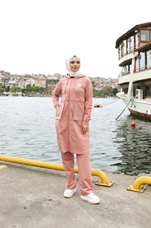 Fermuarlı Cepli Kapşonlu İkili Tesettür Eşofman Takımı - 71184 - Pudra