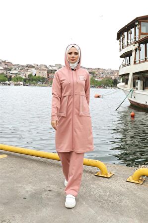 Fermuarlı Cepli Kapşonlu İkili Tesettür Eşofman Takımı - 71184 - Pudra