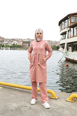 Fermuarlı Cepli Kapşonlu İkili Tesettür Eşofman Takımı - 71184 - Pudra