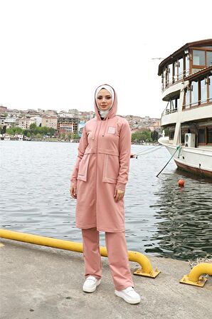 Fermuarlı Cepli Kapşonlu İkili Tesettür Eşofman Takımı - 71184 - Pudra