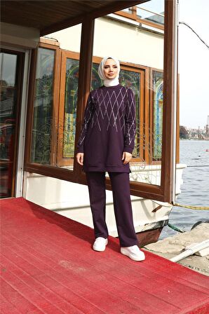 Çarpraz Taş Desenli O Yaka İkili Tesettür Eşofman Takımı - 71185 - Mor