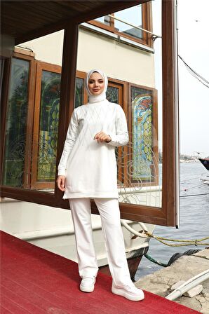 Çarpraz Taş Desenli O Yaka İkili Tesettür Eşofman Takımı - 71185 - Krem