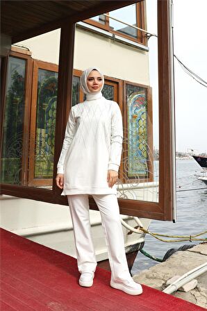 Çarpraz Taş Desenli O Yaka İkili Tesettür Eşofman Takımı - 71185 - Krem