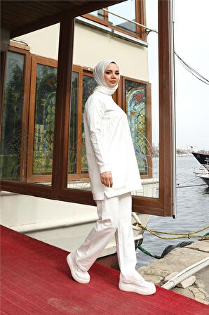 Çarpraz Taş Desenli O Yaka İkili Tesettür Eşofman Takımı - 71185 - Krem