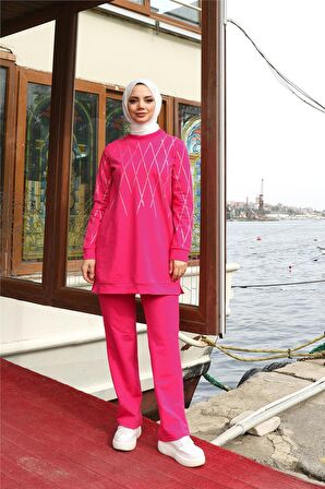 Çarpraz Taş Desenli O Yaka İkili Tesettür Eşofman Takımı - 71185 - Fuşya