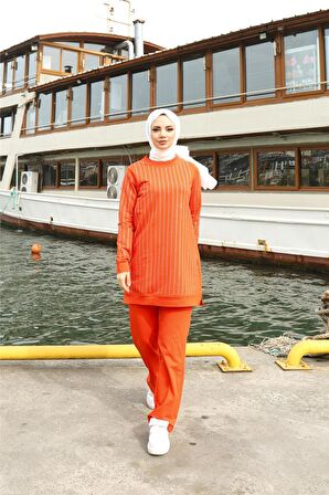 Çizgili Taş Desenli O Yaka İkili Tesettür Eşofman Takımı - 71187 - Oranj