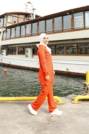Çizgili Taş Desenli O Yaka İkili Tesettür Eşofman Takımı - 71187 - Oranj